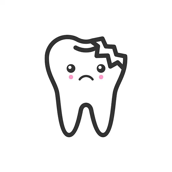 A tooth with a sad face and a broken chunk missing from its right side, symbolizing a broken filling.